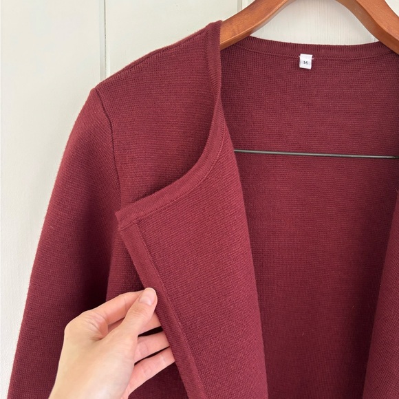 Maroon Burgundy Cardigan Lapel Sweater Long Line Minimal Women Medium M Pockets - Picture 10 of 12